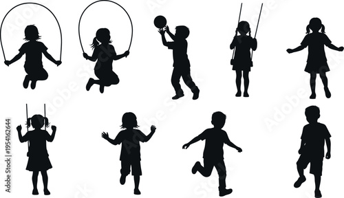 Silhouette of children playing isolated on transparent background