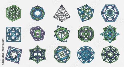 Geometric Shapes Collection - Intricate Wireframe Designs on White Background.