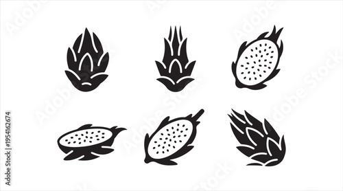 Dragon fruit silhouettes black vector set pitaya tropical fruit icons minimalist design