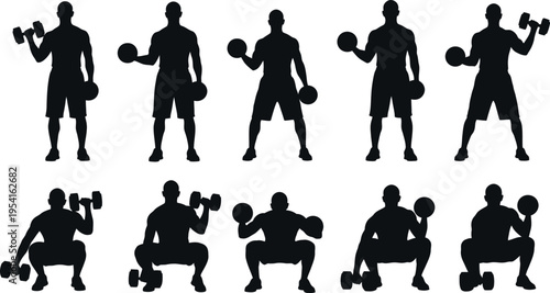 Silhouette of a man doing various exercises with dumbbells isolated on transparent background