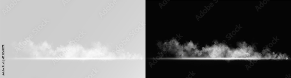 Fototapeta premium Low panoramic ground fog and mist with bright floor light on transparent background