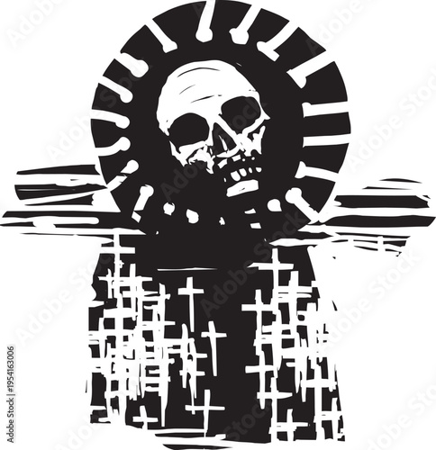 Woodcut expressionist style image of a Covid Church Graveyard