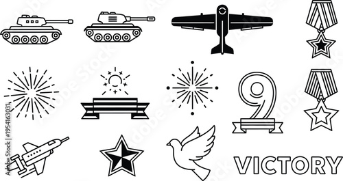 Victory day russia symbols and icons commemorating 9th may soviet union war victory