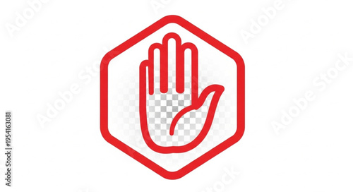 Red stop hand symbol inside a hexagon outline.