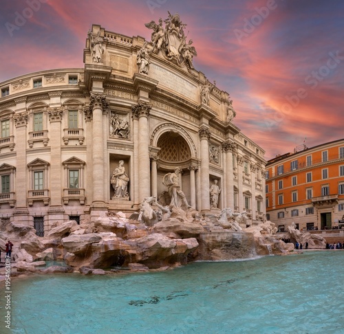 Dramatic Stormy Sky Over Famous Trevi Fountain (Fontana di Trevi) Basin. Famous Baroque Architecture Monument Landmark View, Rome Italy
