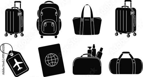 Black Silhouettes of Travel Luggage and Accessories