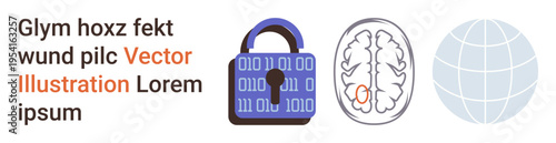 Cybersecurity, neuroscience, global communication, digital privacy, brain analytics, data protection. Binary code lock, brain sketch and globe graphic. Cybersecurity and neuroscience concept