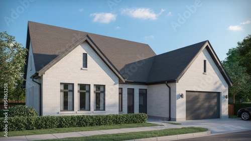 A modern white house with a gray roof and garage on a quiet suburban street