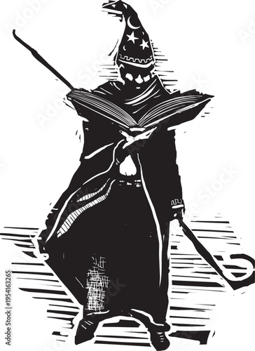 Woodcut expressionist style image of a Wizard with spellbook