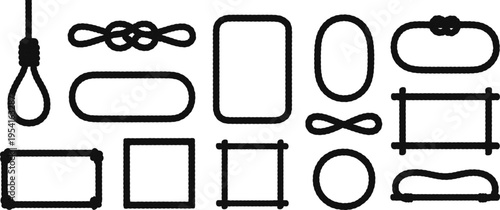 Collection of black rope frames and decorative elements, rope, knot, frame, border