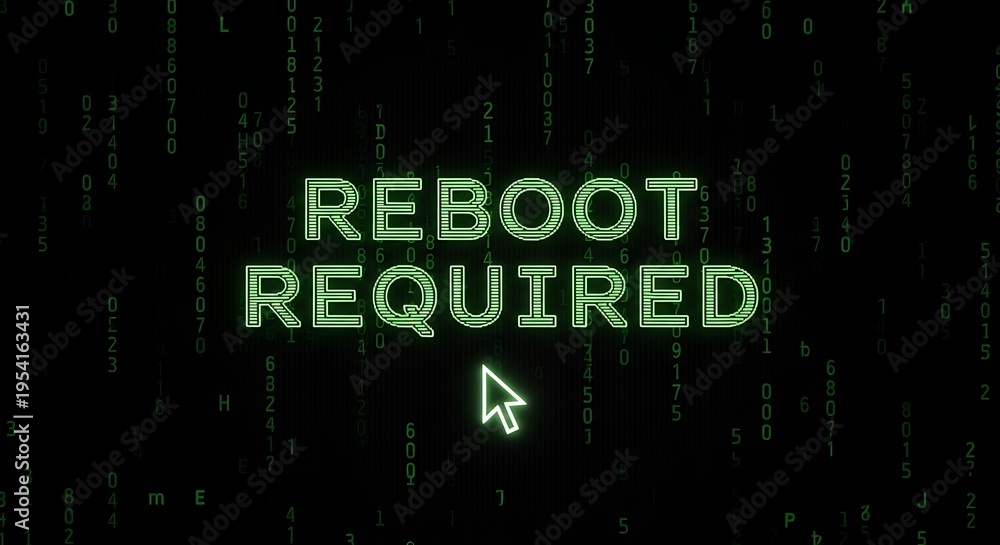 Obraz premium Green digital text 'reboot required' with matrix-like background and cursor.