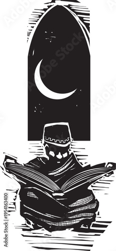 Woodcut expressionist style image of a Young boy studying the koran