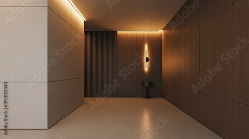 A modern hallway with warm lighting and sleek interior design elements