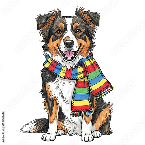 A happy, smiling dog wearing a colorful striped scarf, sitting attentively, illustration