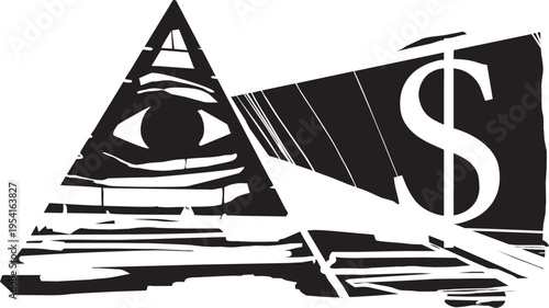 Woodcut expressionist style image of the Eye of providence and dollar sign