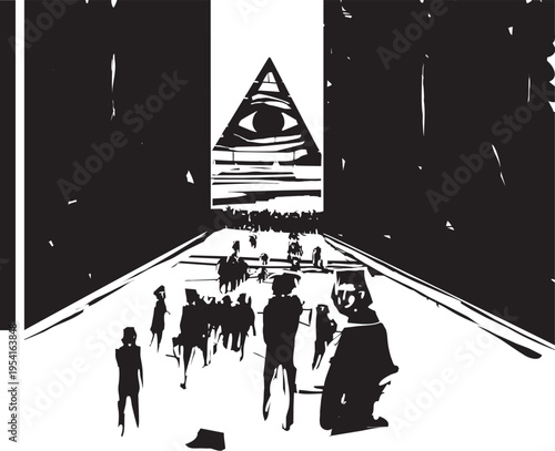 Woodcut expressionist style image of People passing through a wall. towards the eye of providence