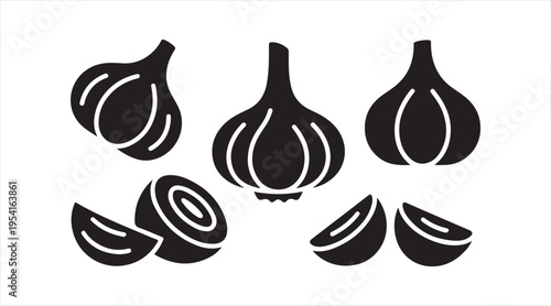 Garlic silhouettes black vector set whole bulbs cloves and slices minimalist food icons