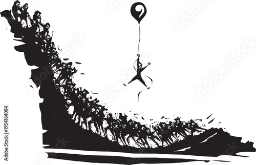 Woodcut expressionist style image of a Man using balloon to get ahead of a crowd
