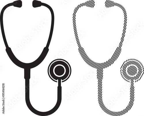 Two classic stethoscopes displayed side by side in black and white contrast