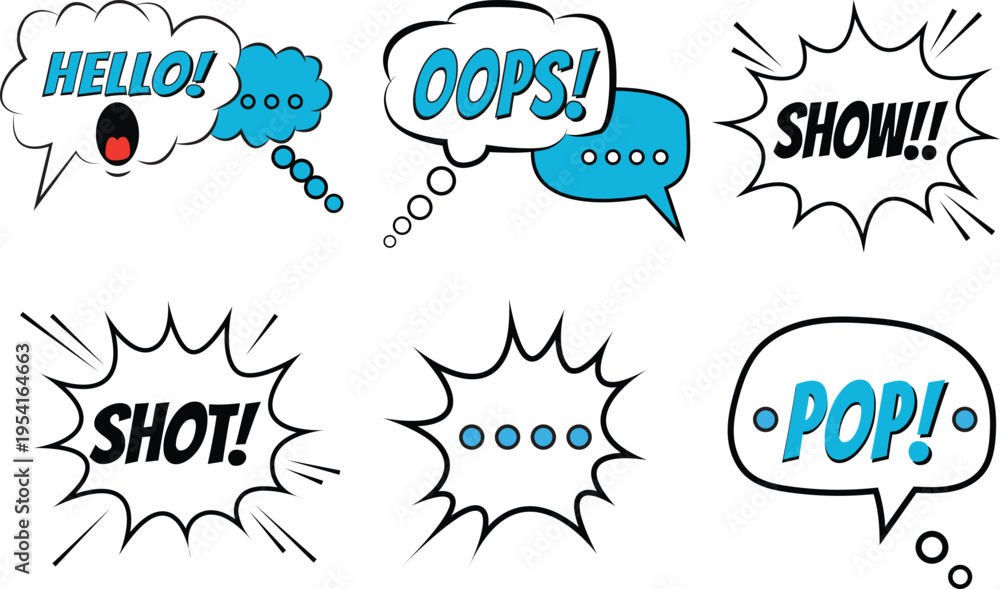 Fototapeta premium Comic Book Sound Effects Pack with Onomatopoeia Clouds and Action Bubbles for Pop Art Design set