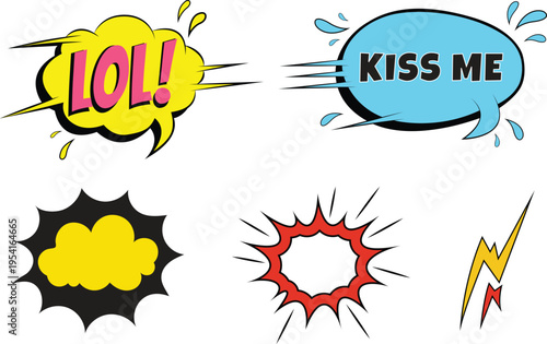 Comic Book Sound Effects Pack with Onomatopoeia Clouds and Action Bubbles for Pop Art Design set