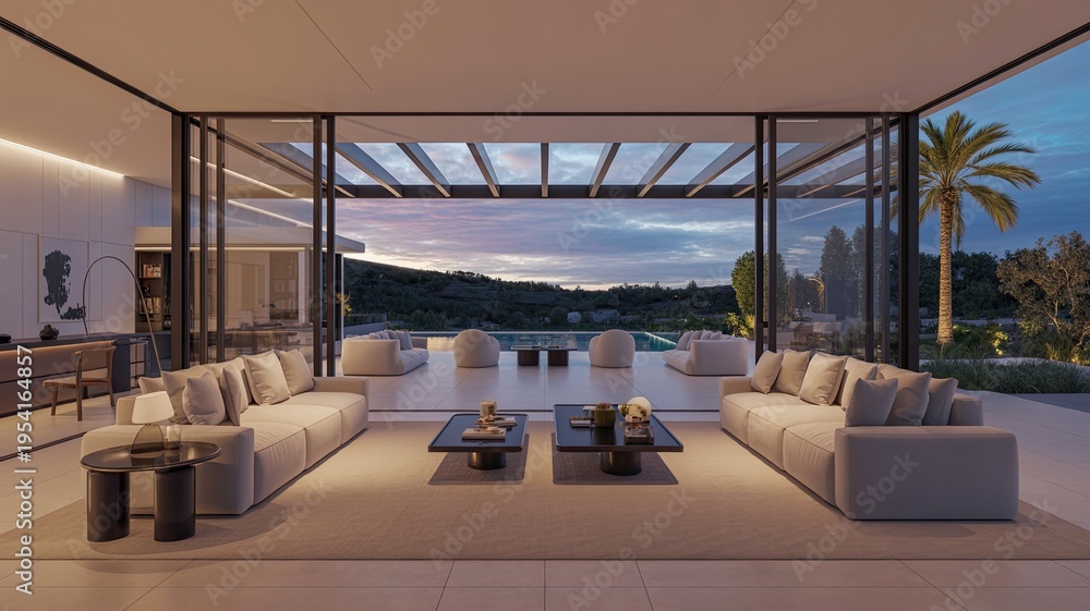 Fototapeta premium A modern living room with a large glass wall overlooking a pool and palm trees at dusk
