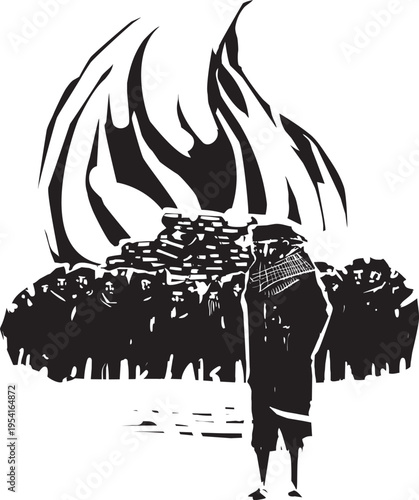 Woodcut expressionist style image of People burning books