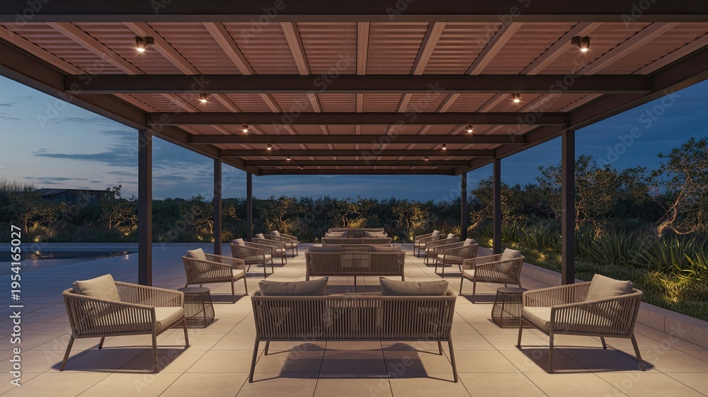 Fototapeta premium A serene outdoor seating area at dusk with a modern pergola and wicker furniture