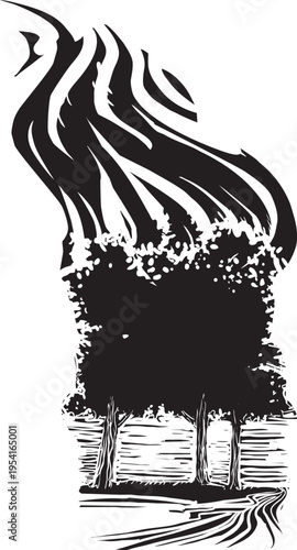 Woodcut expressionist style image of a path through a grove of  Burning trees