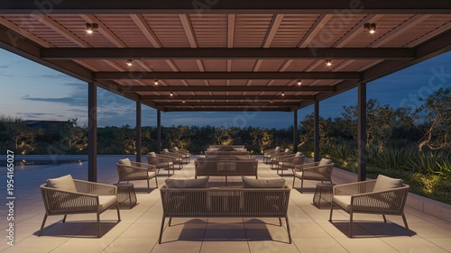 A serene outdoor seating area at dusk with a modern pergola and wicker furniture