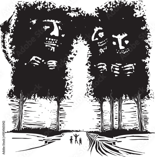 Woodcut style expressionist image  of Wooden tree trolls