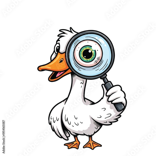Cartoon duck holding a magnifying glass to examine an eye, symbolizing curiosity and investigation