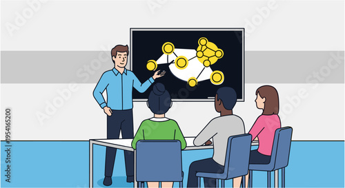 Businessman explaining chemistry molecule to students in colorful cartoon style with bright lighting for educational materials