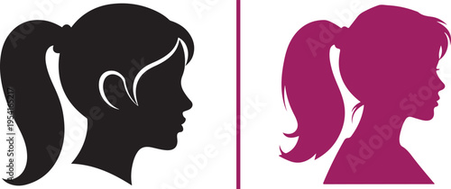 Side profile silhouettes of two young girls with ponytails, one in black and one in magenta, separated by a vertical line.