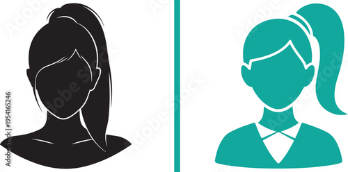 Two female avatar silhouettes with high ponytails. The left is a black shoulder-length silhouette; the right is teal, featuring a face outline and a collared shirt. Clean, modern vector style.