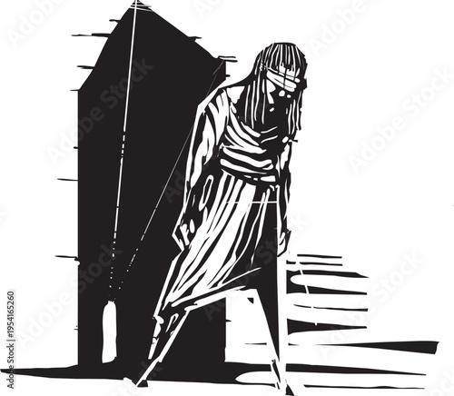 Woodcut style blind woman with a shadow behind her