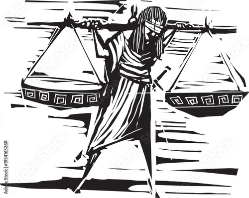 Woodcut Justice carrying Scales on her back like a great weight