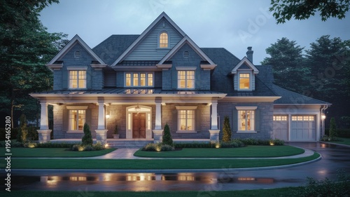 A large, luxurious house with a well-manicured lawn and driveway at dusk