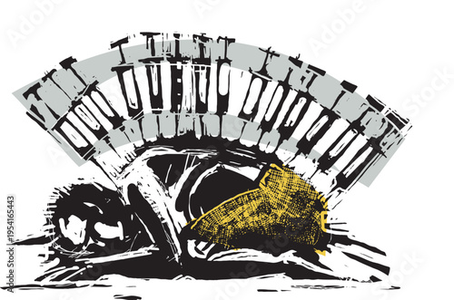 Woodcut Man with Syringes up and down his spine in a an addiction metaphor