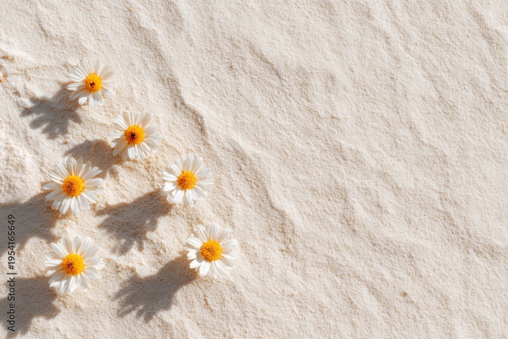Naklejka premium Scattered white daisies with yellow centers on rippled sand soft shadows natural arrangement summer beach mood minimal composition