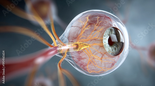 A digital rendering of a human eye affected by glaucoma, with specific areas of the optic nerve highlighted to indicate damage from high intraocular pressure. The image is clinical