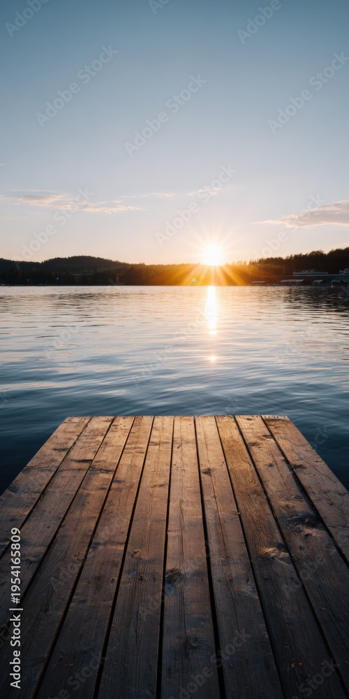 Fototapeta premium Weathered wooden jetty framing a bright sunrise over calm lake with sunburst reflection serene morning waterfront view