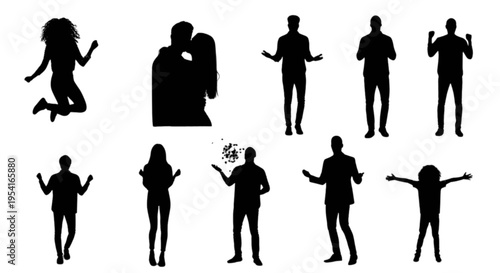 Collection of black silhouettes of people in various poses