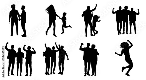 Silhouettes of people in various poses and interactions