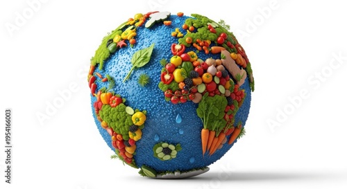 3D Render of Planet Earth Globe with Continents Made of Fresh Organic Vegetables and Fruits isolated on White Background