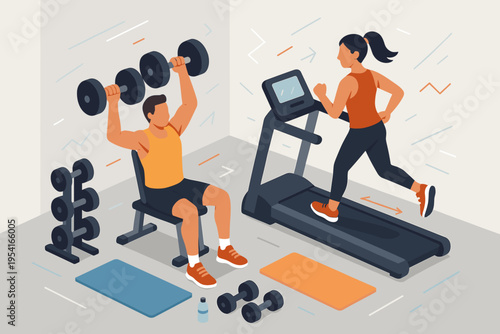 Man lifting weights on bench and woman running on treadmill in a modern gym setting