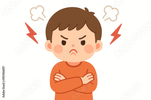 Cute cartoon boy with crossed arms looking angry with lightning and steam symbols