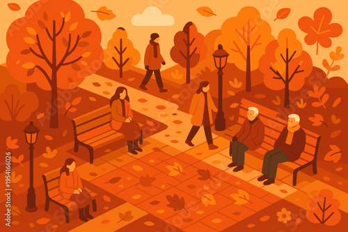 Autumn park scene with people enjoying the fall colors and crisp air