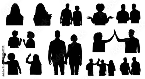 Collection of black silhouettes of people in various poses and interactions