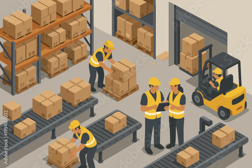 Warehouse workers manage inventory and operate machinery for efficient logistics and distribution operations